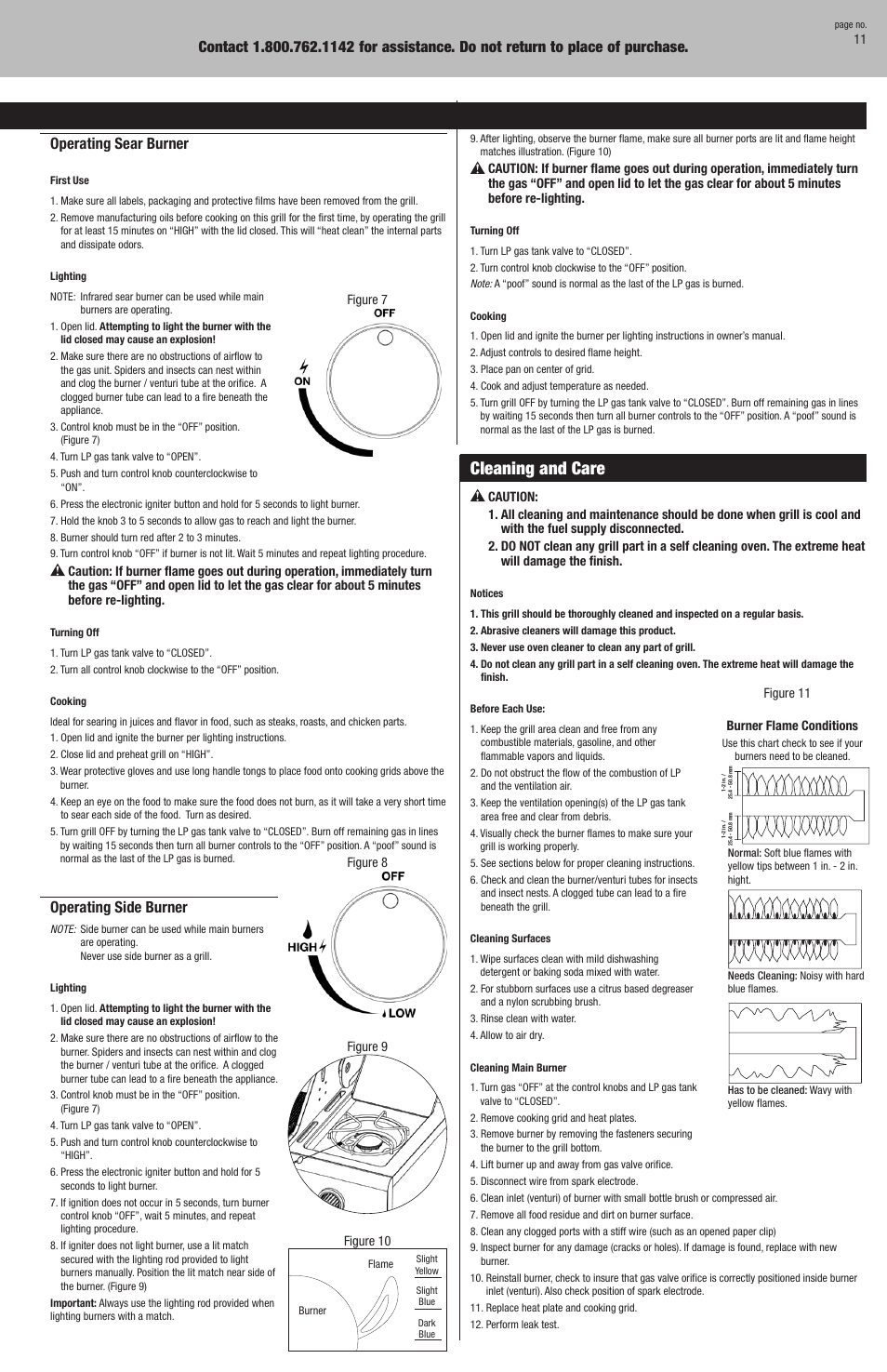 Operating instructions, Cleaning and care, Checking for leaks | Operating main burners, Operating sear burner, Operating side burner | Uniflame GBC940WIR User Manual | Page 11 / 28