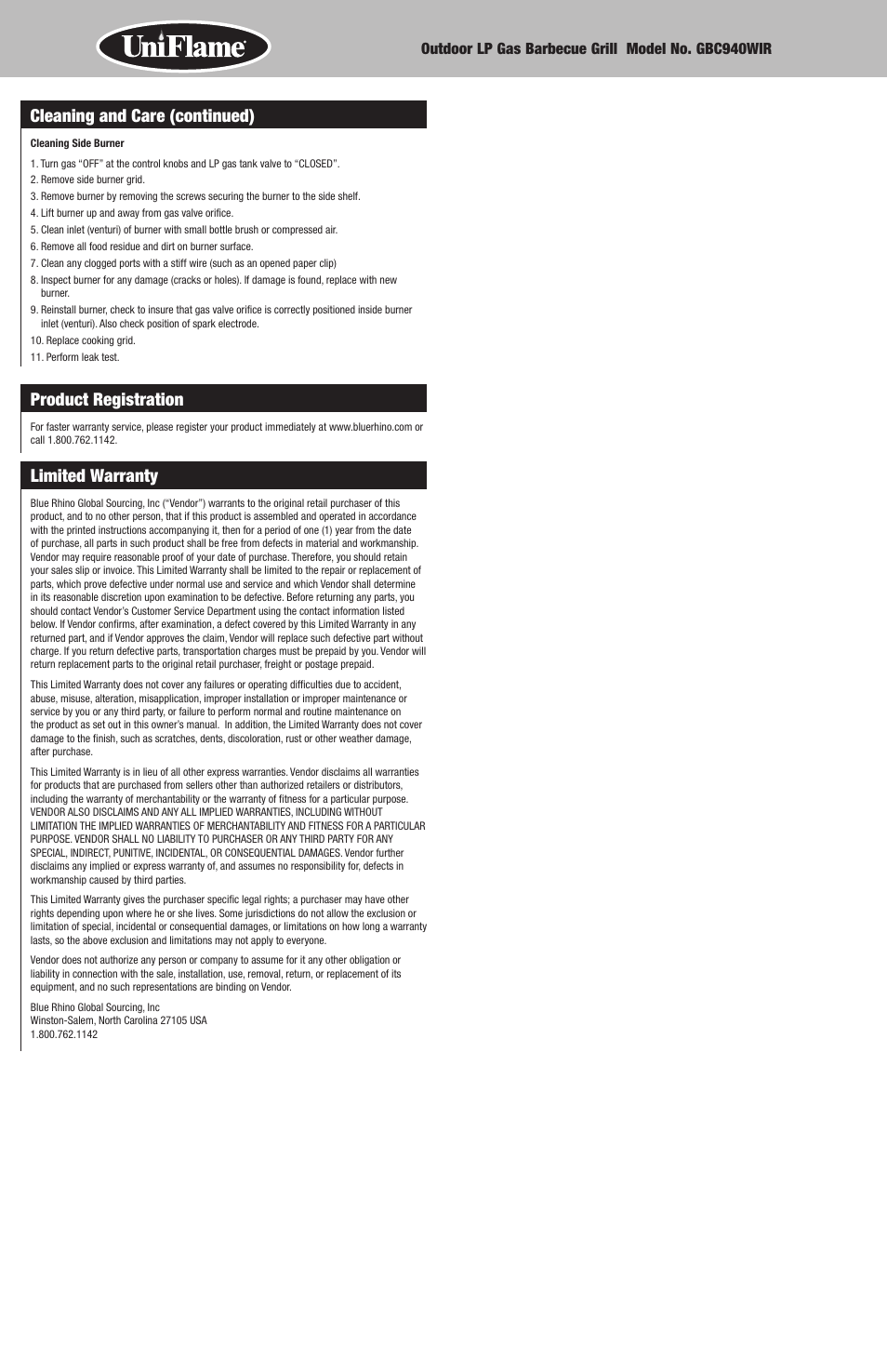 Product registration, Limited warranty, Cleaning and care (continued) | Uniflame GBC940WIR User Manual | Page 12 / 28
