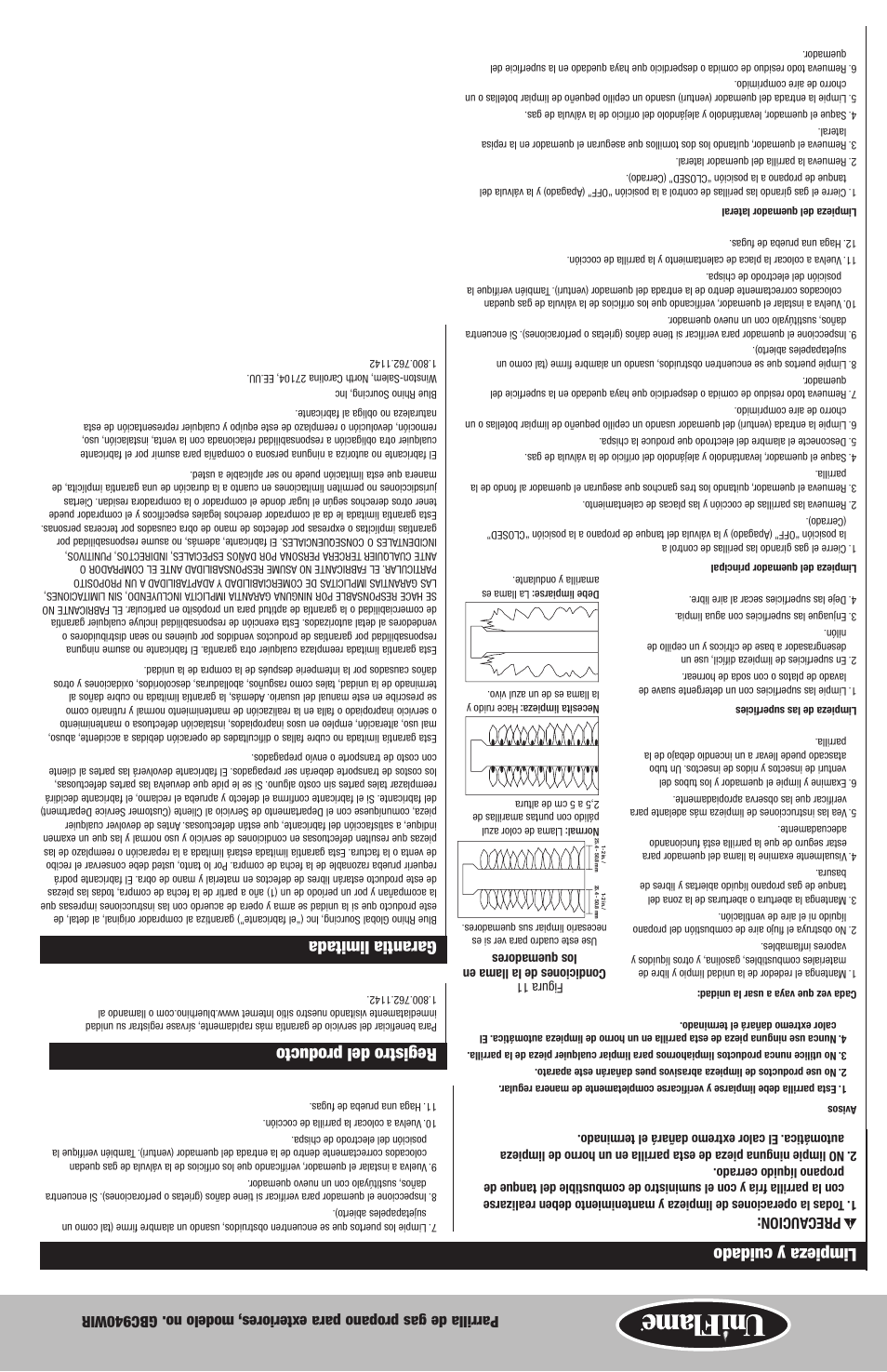 Registro del producto, Garantia limitada, Limpieza y cuidado | Prec aucion | Uniflame GBC940WIR User Manual | Page 17 / 28