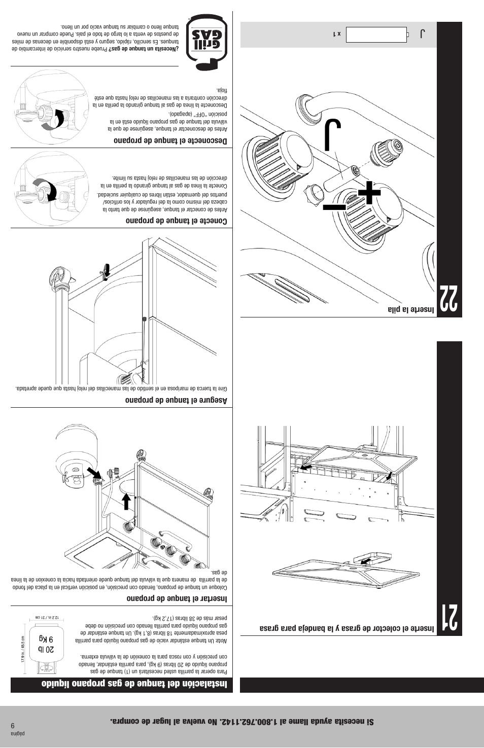 Instrucciones de armado (continuación), Instalación del tanque de gas propano líquido | Uniflame GBC940WIR User Manual | Page 20 / 28