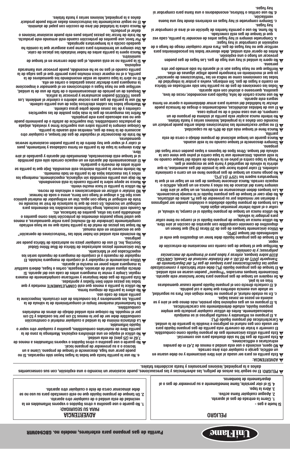 Peligro, Advertencia | Uniflame GBC940WIR User Manual | Page 27 / 28