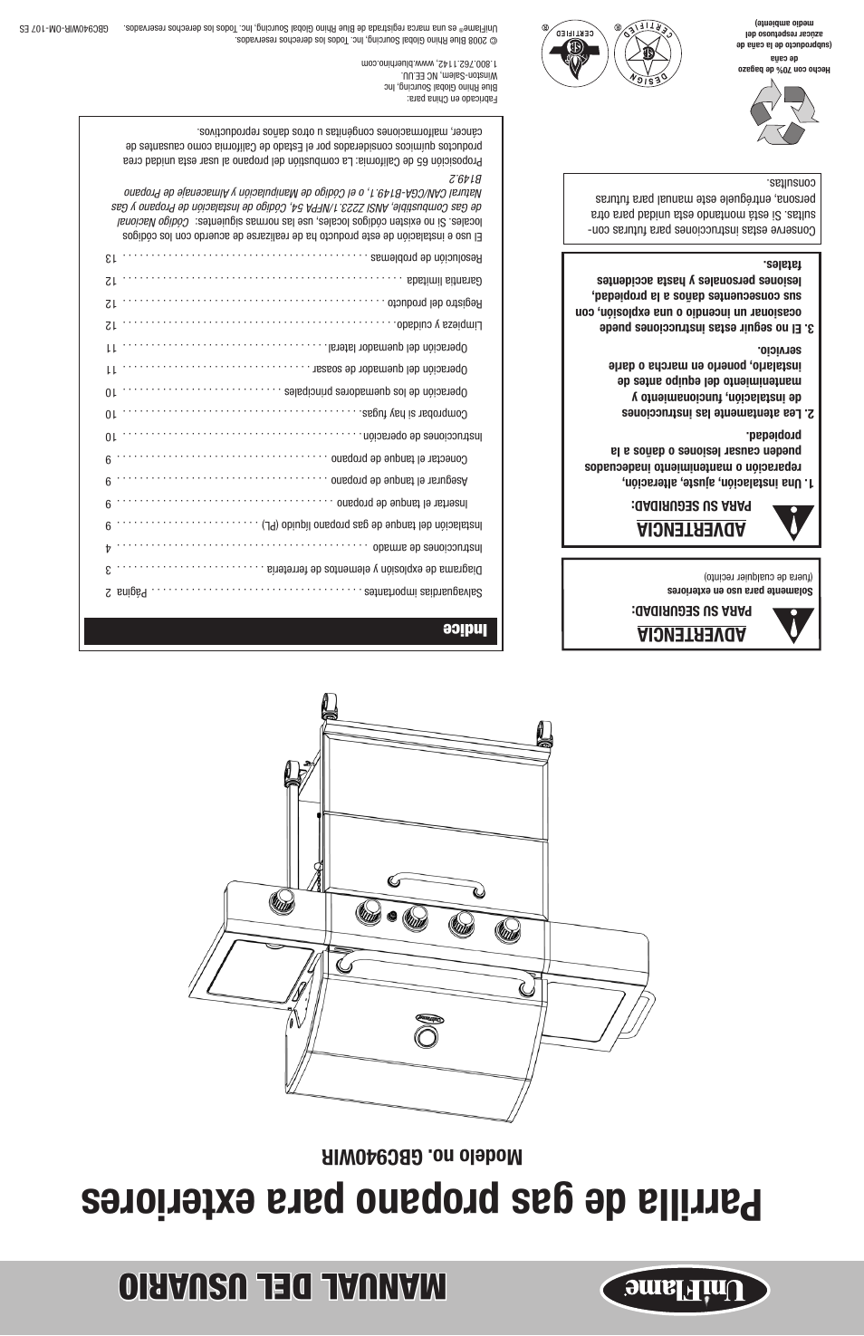 Parrilla de gas propano para e xteriores, Manual del usu ario, Modelo no. gbc940wir | Advertencia, Indice | Uniflame GBC940WIR User Manual | Page 28 / 28