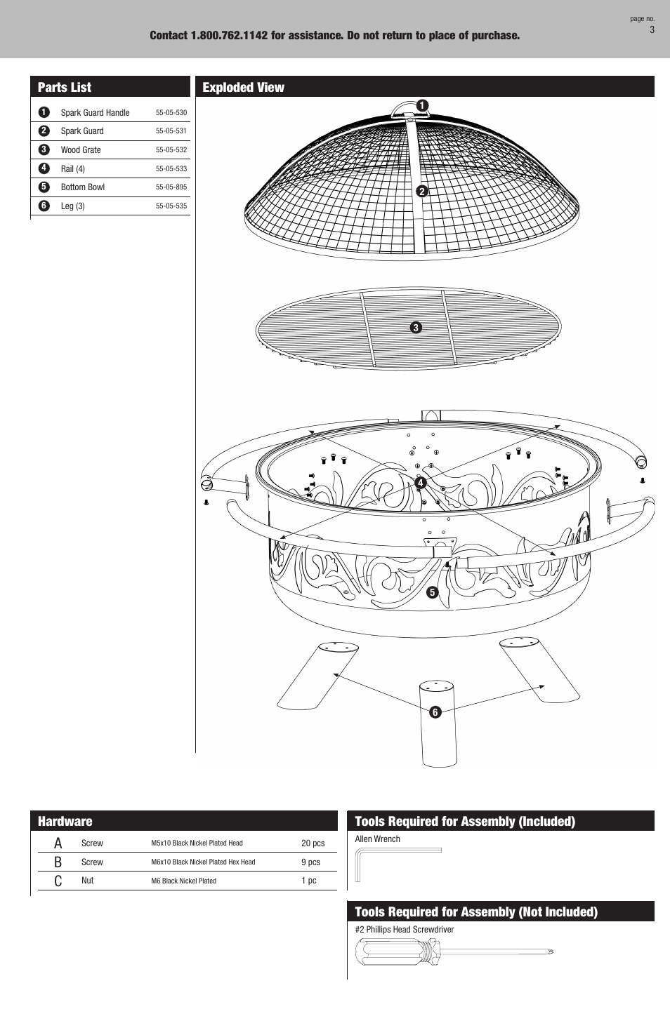 Hardware, Tools required for assembly (included), Tools required for assembly (not included) | Exploded view, Parts list | Uniflame WAD900SP User Manual | Page 3 / 8