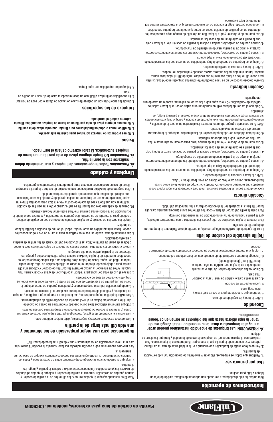 Limpieza y cuidado, Instrucciones de operación | Uniflame CBC940W User Manual | Page 13 / 20