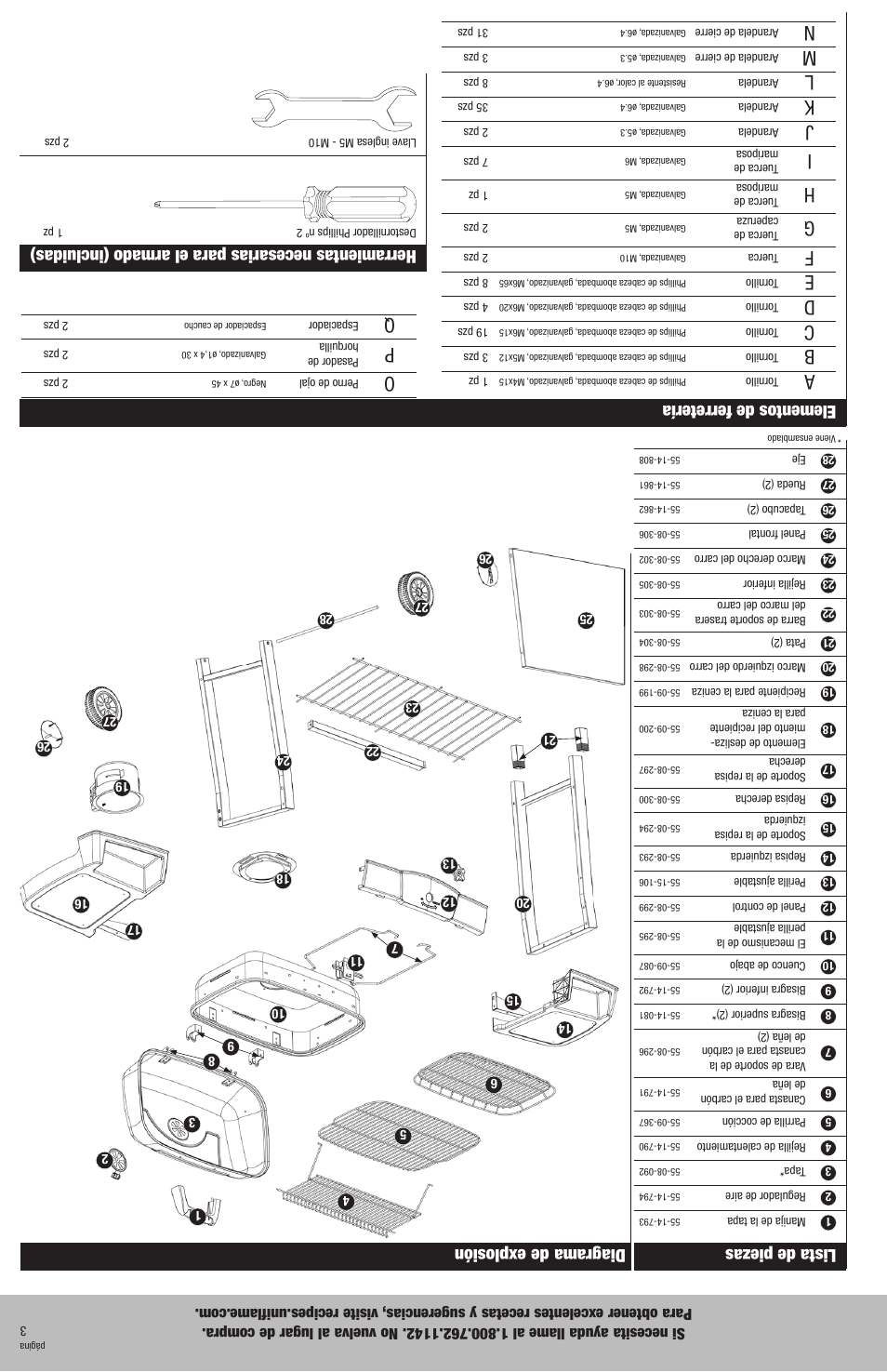 Herramientas necesarias para el armado (incluidas), Lista de piezas, Diagrama de explosión elementos de ferretería | Uniflame CBC940W User Manual | Page 18 / 20