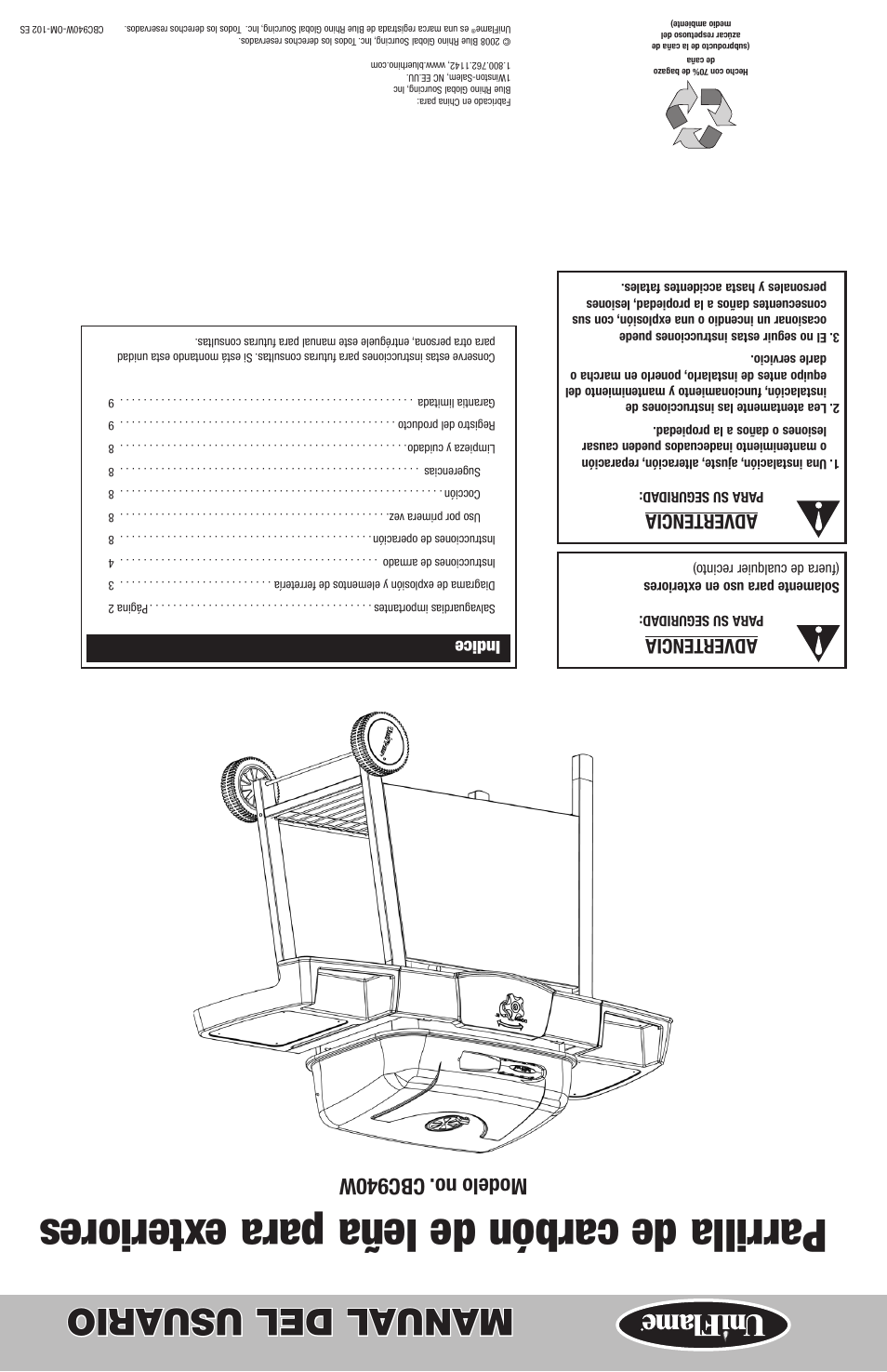 Parrilla de carbón de leña para exteriores, Manual del usuario, Modelo no. cbc940w | Advertencia, Indice | Uniflame CBC940W User Manual | Page 20 / 20