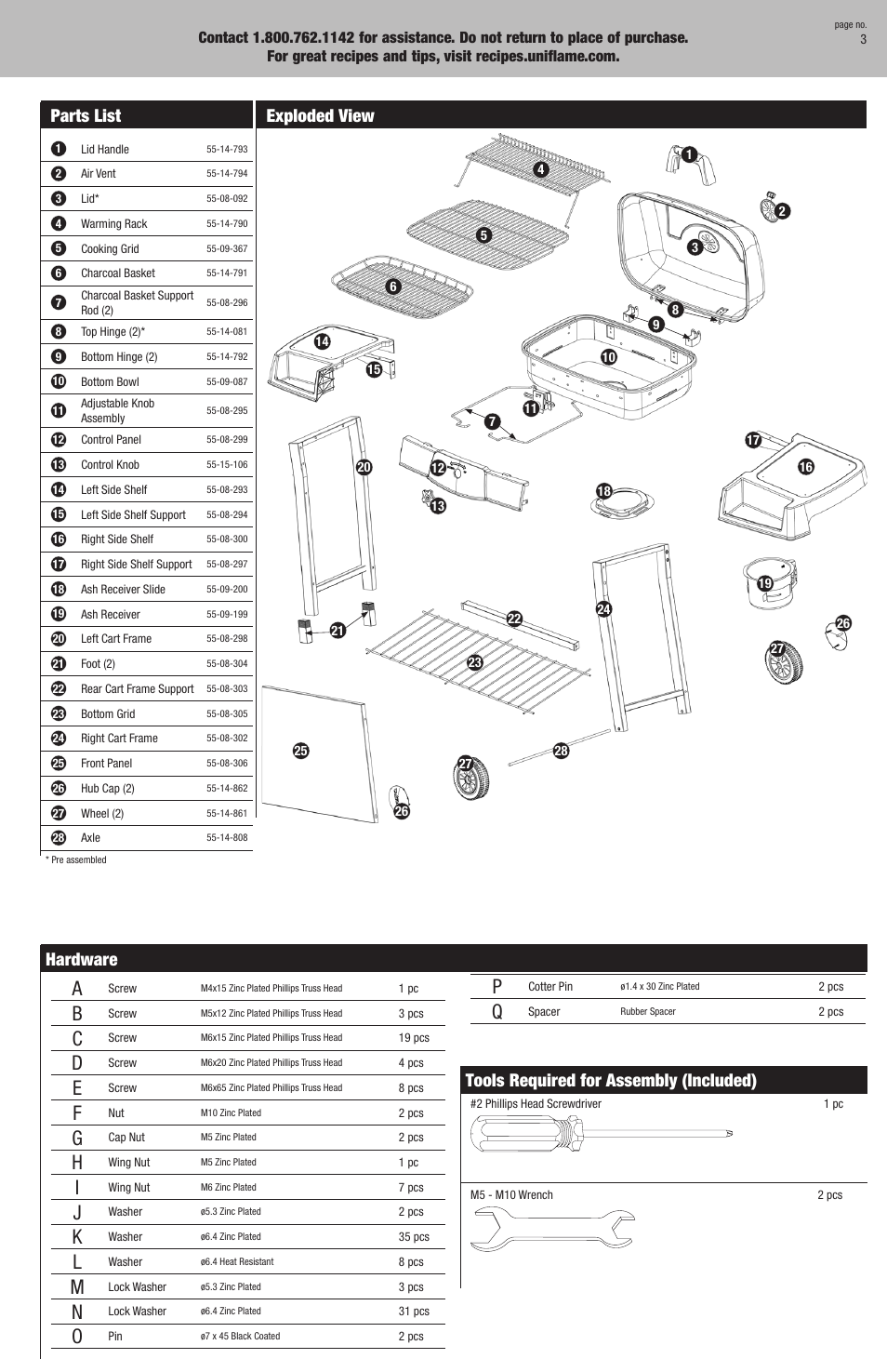 Parts list, Exploded view, Hardware | Tools required for assembly (included) | Uniflame CBC940W User Manual | Page 3 / 20