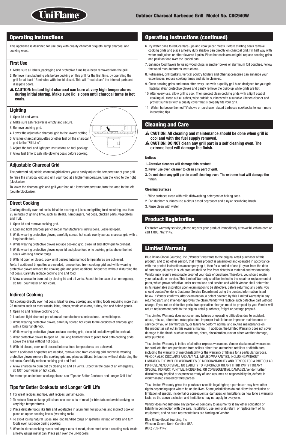 Cleaning and care, Product registration, Limited warranty | Operating instructions (continued), Operating instructions | Uniflame CBC940W User Manual | Page 8 / 20