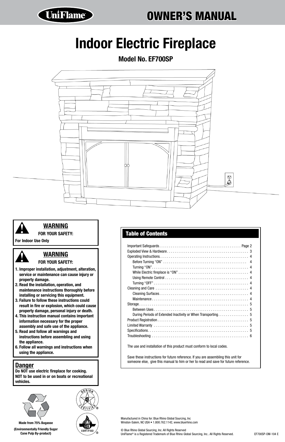 Uniflame EF700SP User Manual | 8 pages