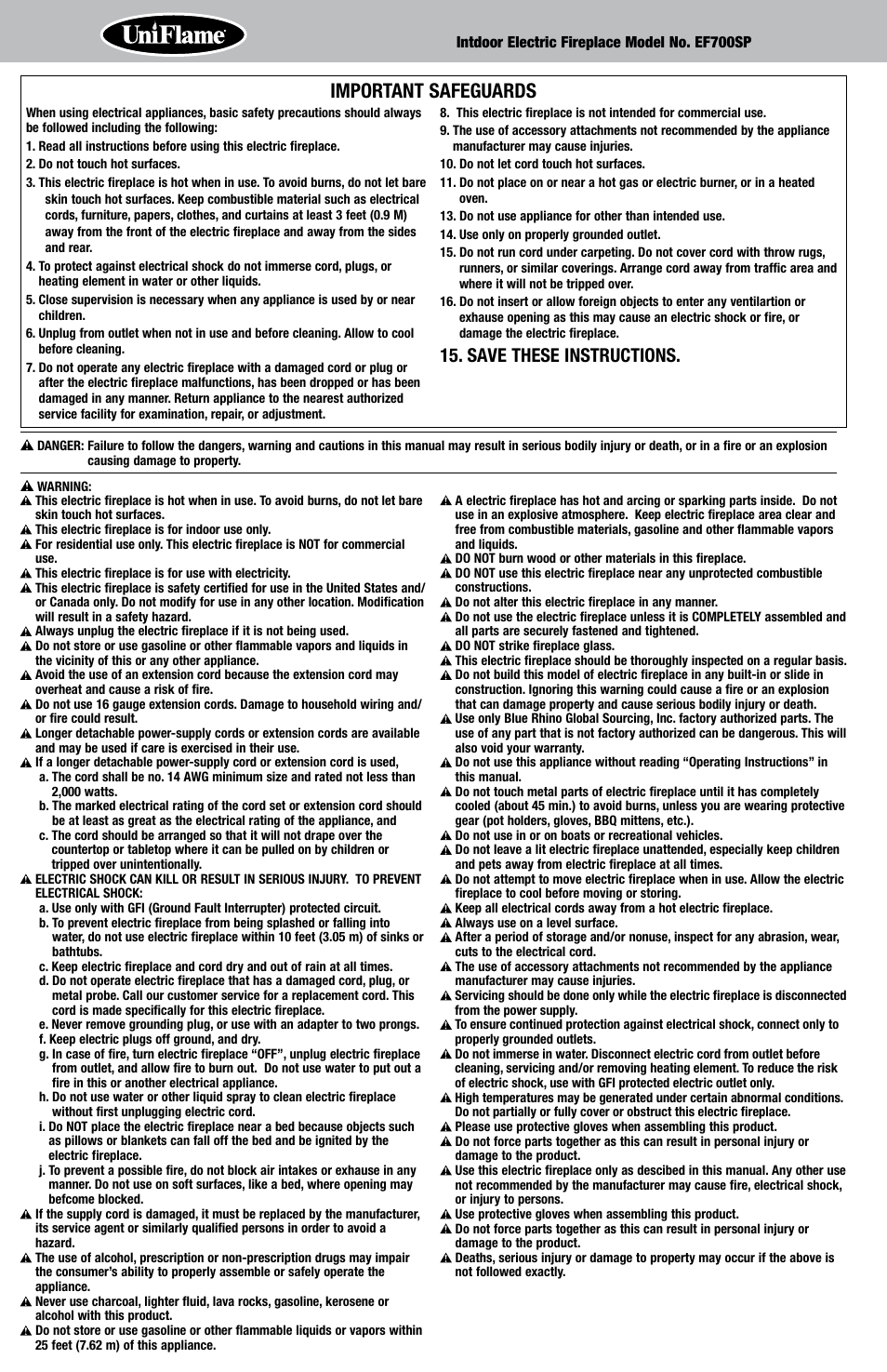 Important safeguards, Save these instructions | Uniflame EF700SP User Manual | Page 2 / 8