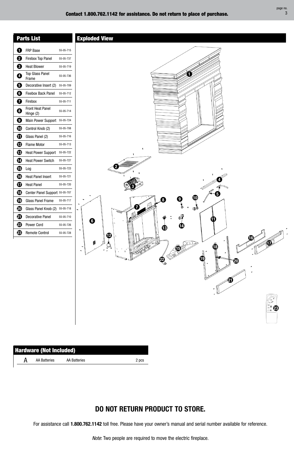 Do not return product to store, Parts list, Exploded view hardware (not included) | Uniflame EF700SP User Manual | Page 3 / 8