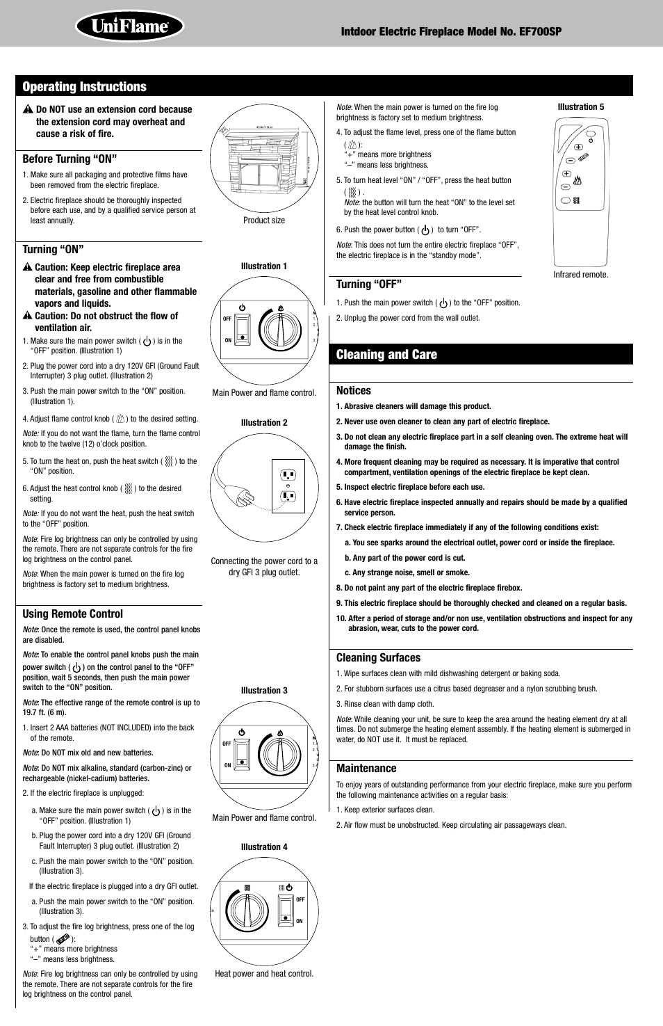 Operating instructions, Cleaning and care, Intdoor electric fireplace model no. ef700sp | Before turning “on, Turning “on, Using remote control, Turning “off, Notices, Cleaning surfaces, Maintenance | Uniflame EF700SP User Manual | Page 4 / 8
