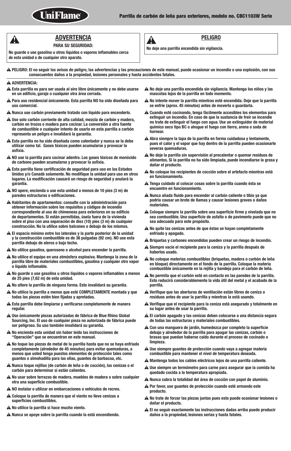 Advertencia, Peligro | Uniflame CBC1103W User Manual | Page 10 / 16