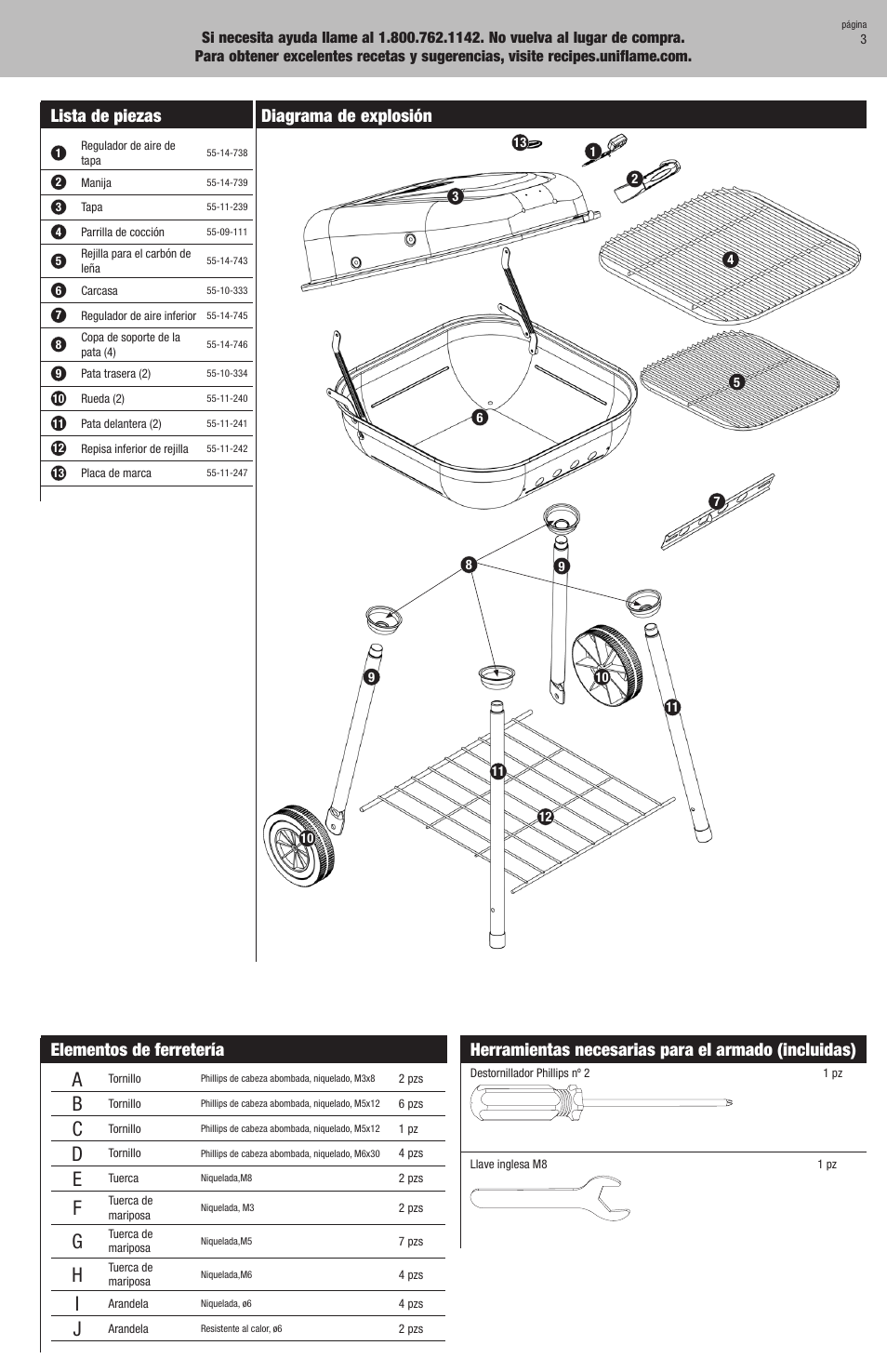 Lista de piezas, Diagrama de explosión, Elementos de ferretería | Herramientas necesarias para el armado (incluidas) | Uniflame CBC1103W User Manual | Page 11 / 16