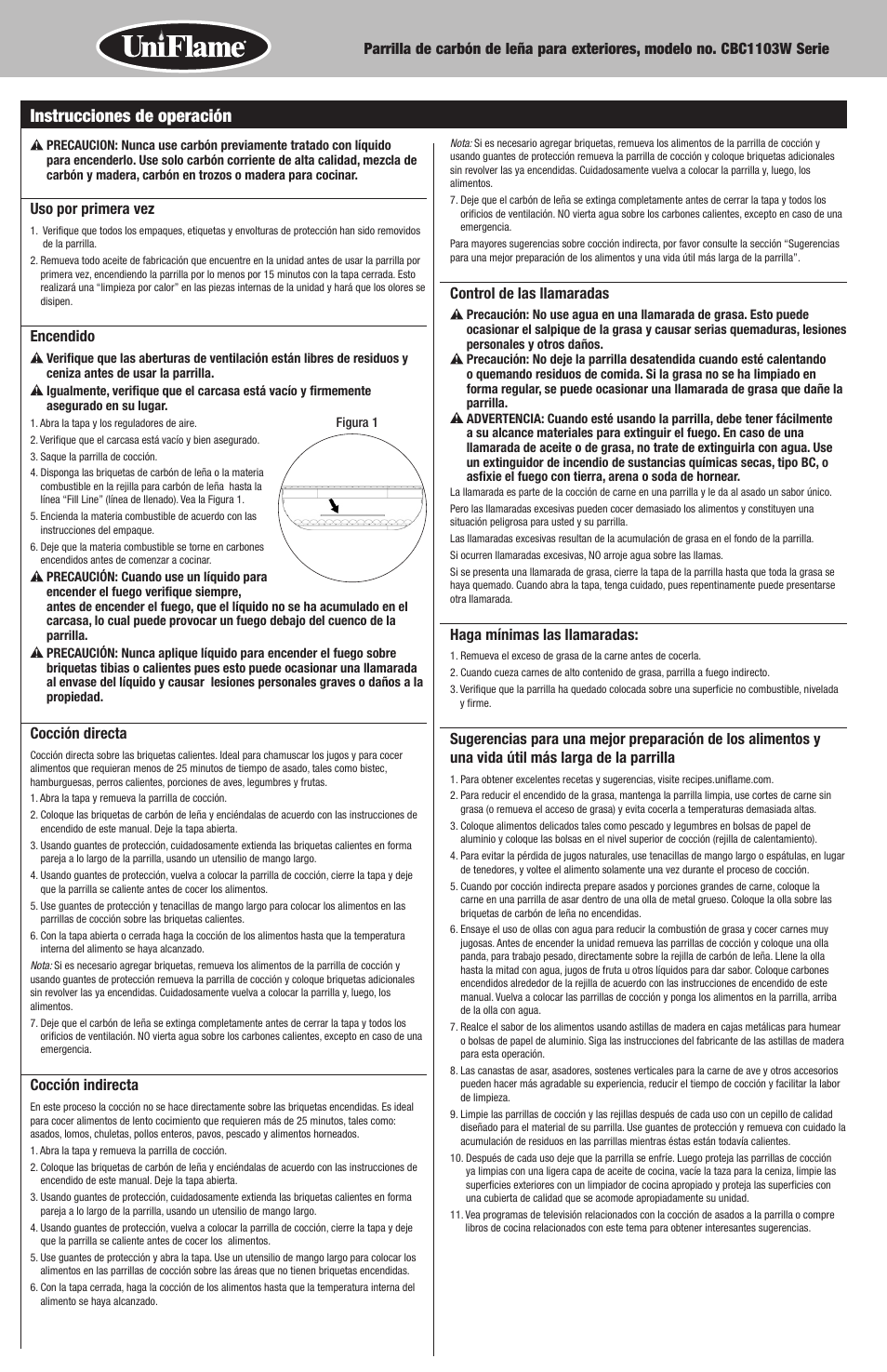 Instrucciones de operación | Uniflame CBC1103W User Manual | Page 14 / 16