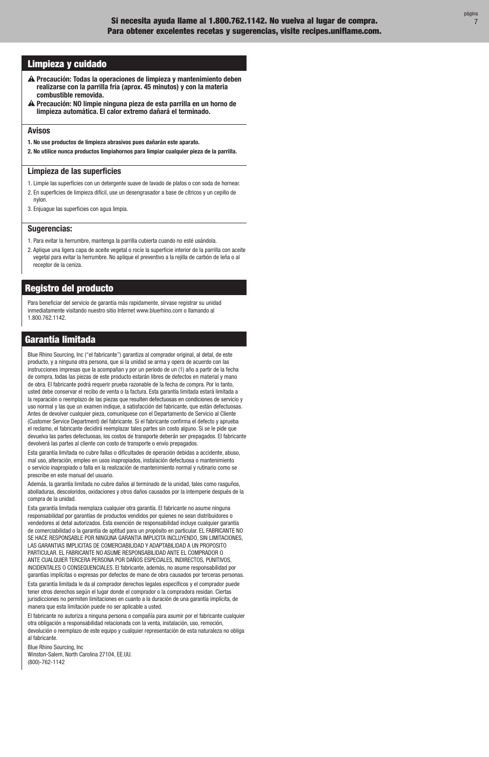 Limpieza y cuidado, Registro del producto, Garantía limitada | Uniflame CBC1103W User Manual | Page 15 / 16