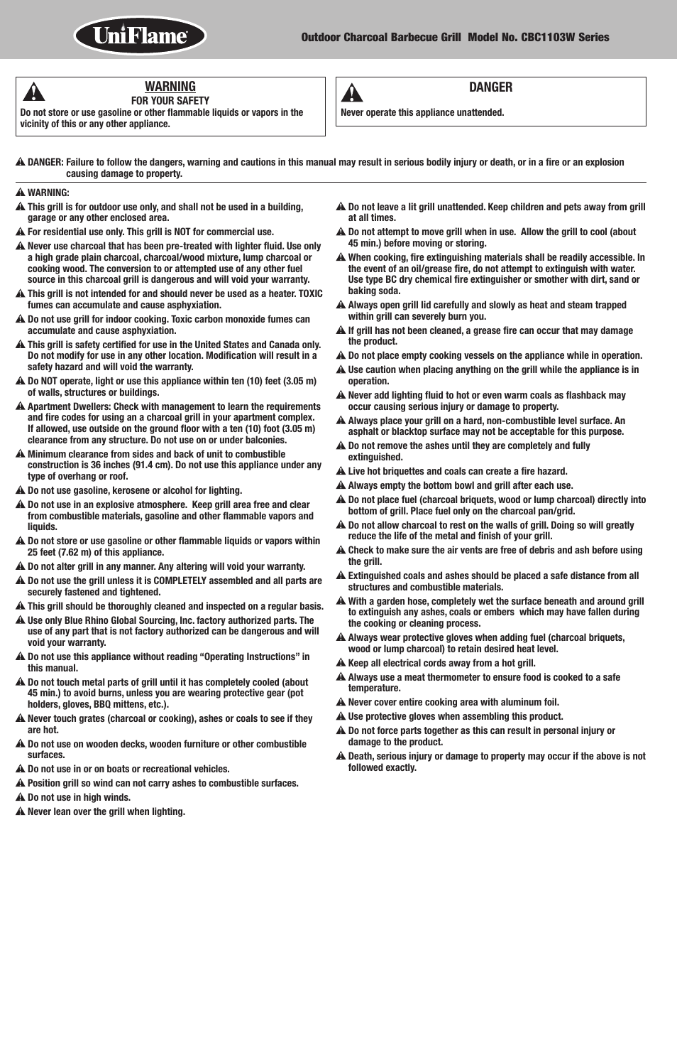 Danger, Warning | Uniflame CBC1103W User Manual | Page 2 / 16