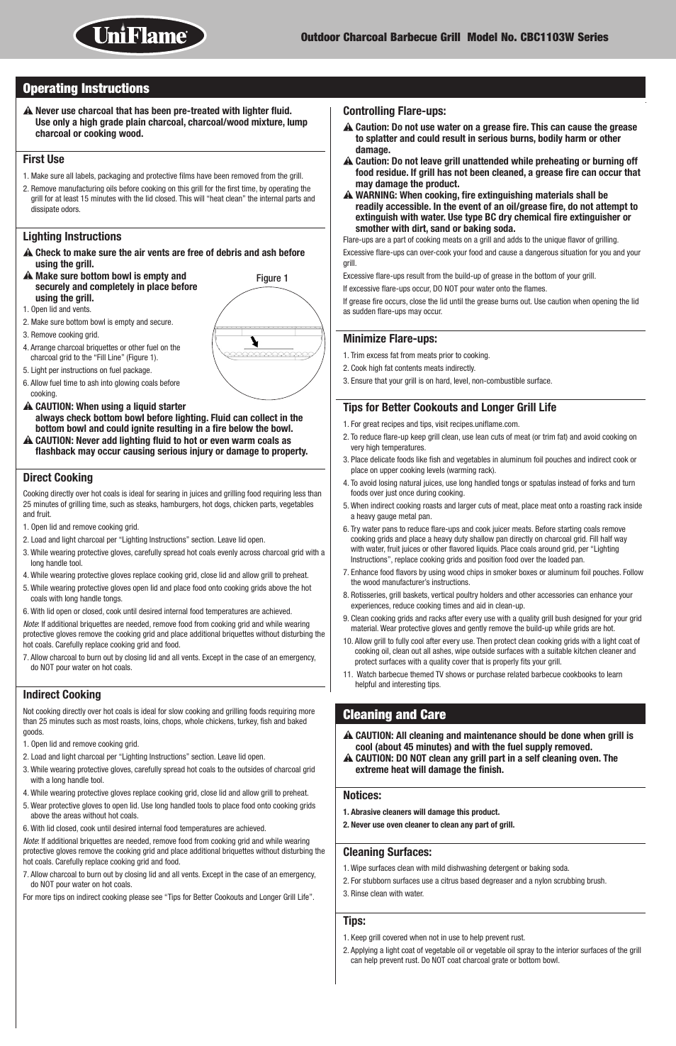 Cleaning and care, Operating instructions | Uniflame CBC1103W User Manual | Page 6 / 16
