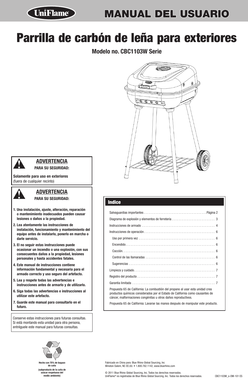 Parrilla de carbón de leña para exteriores, Manual del usuario, Modelo no. cbc1103w serie | Advertencia, Indice | Uniflame CBC1103W User Manual | Page 9 / 16