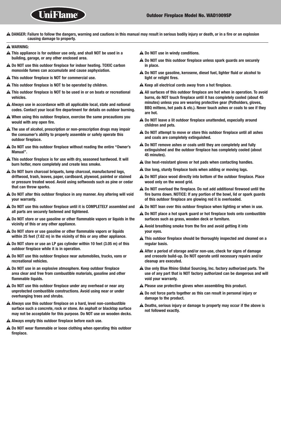 Uniflame WAD1009SP User Manual | Page 2 / 8