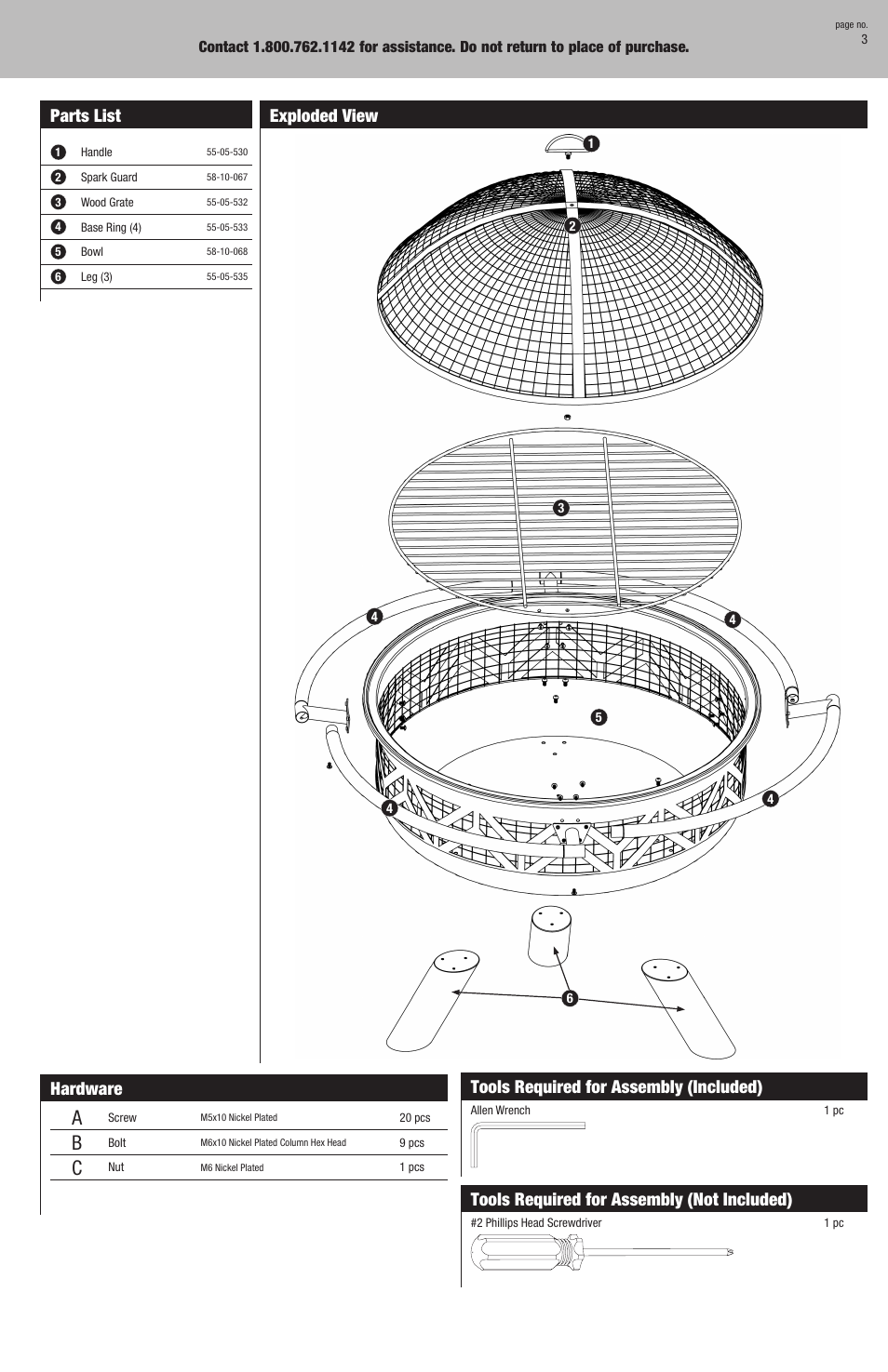 Parts list, Hardware, Exploded view | Tools required for assembly (included), Tools required for assembly (not included) | Uniflame WAD1009SP User Manual | Page 3 / 8