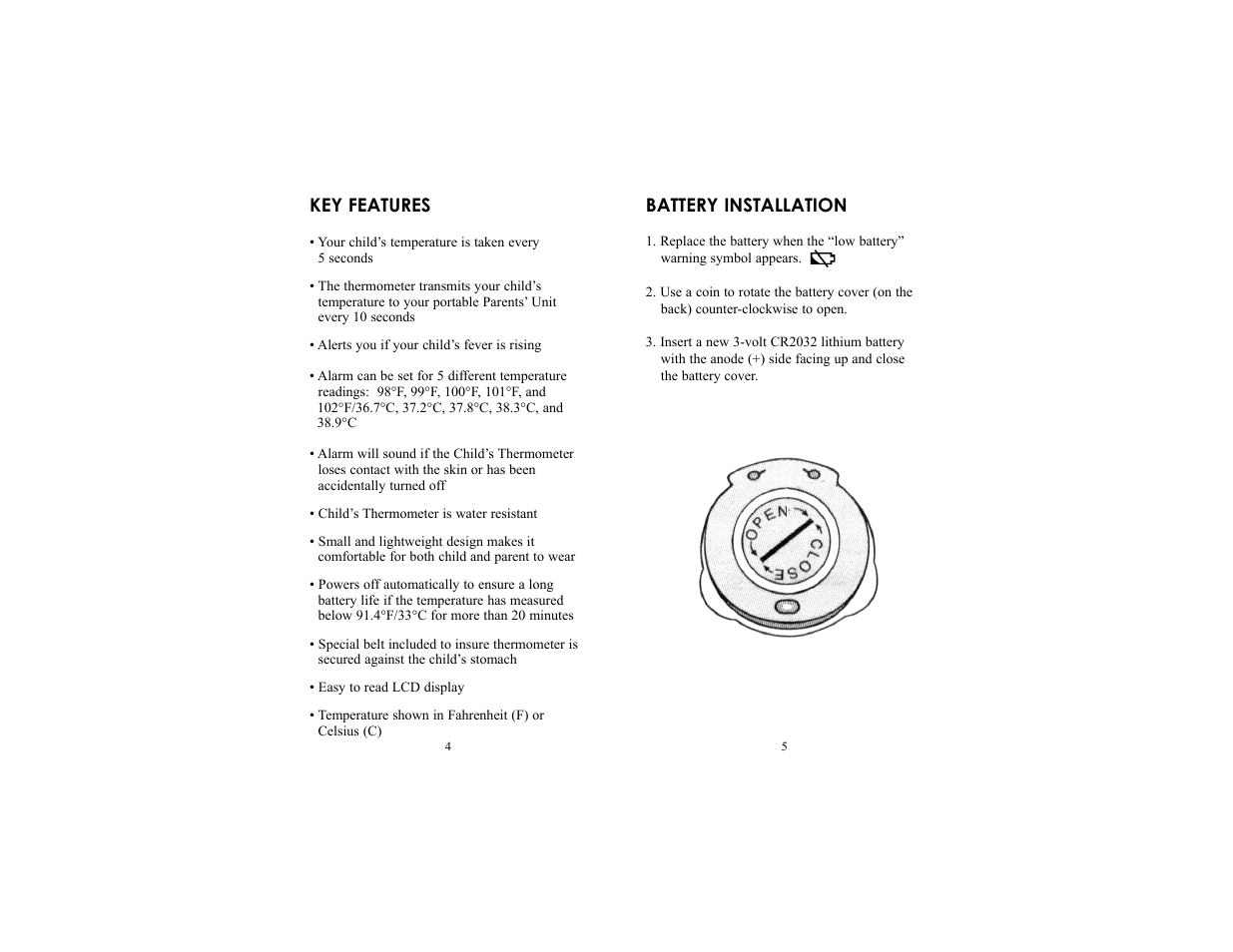 Key features, Battery installation | Unisar Digital Thermometer User Manual | Page 3 / 9