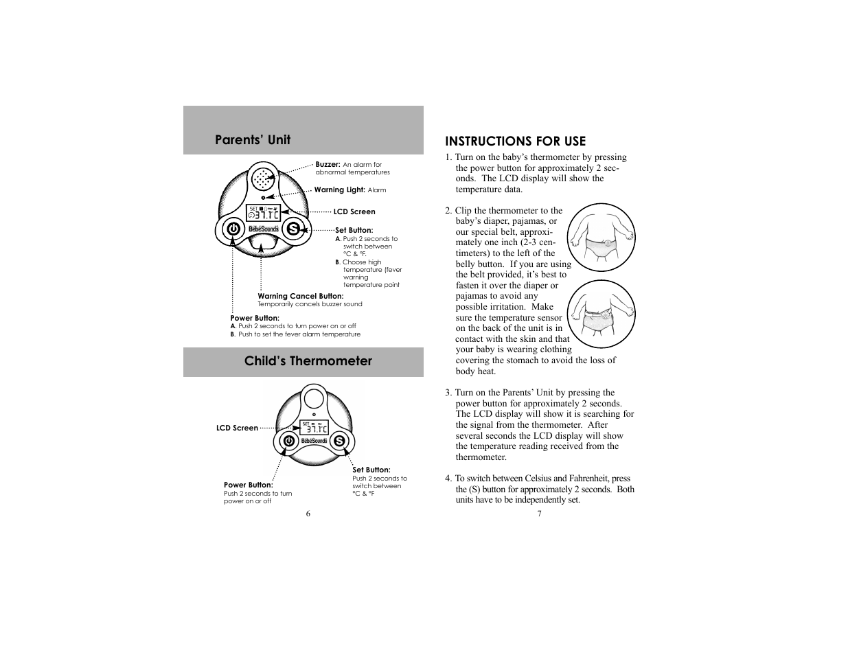 Instructions for use, Child’s thermometer parents’ unit | Unisar Digital Thermometer User Manual | Page 4 / 9