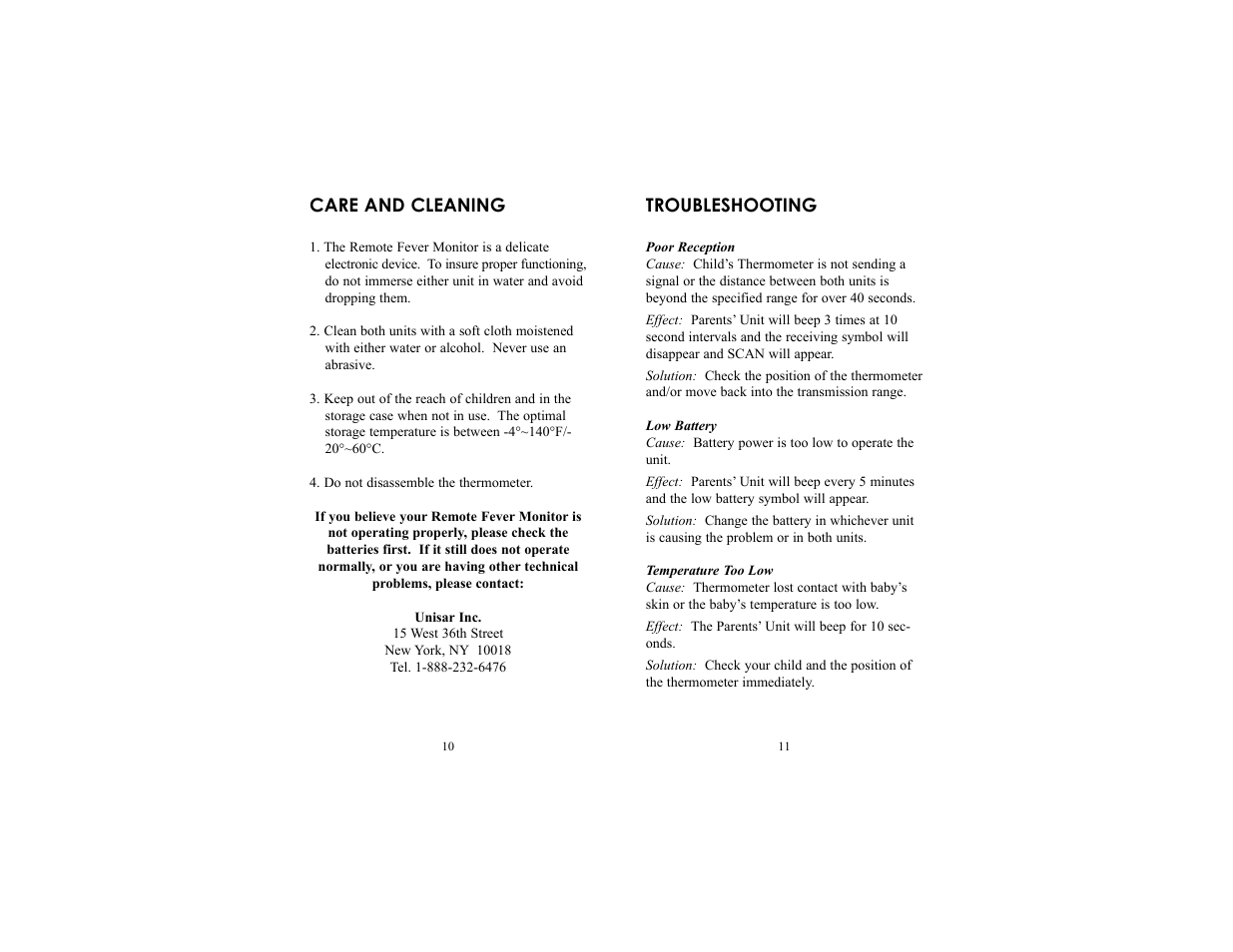 Care and cleaning, Troubleshooting | Unisar Digital Thermometer User Manual | Page 6 / 9