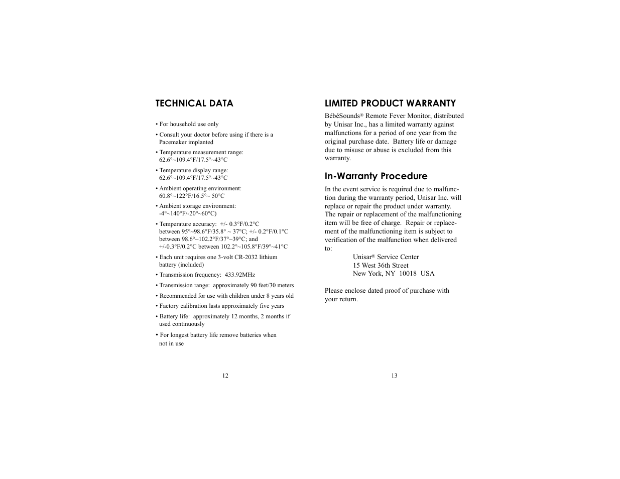 Technical data, Limited product warranty, In-warranty procedure | Unisar Digital Thermometer User Manual | Page 7 / 9