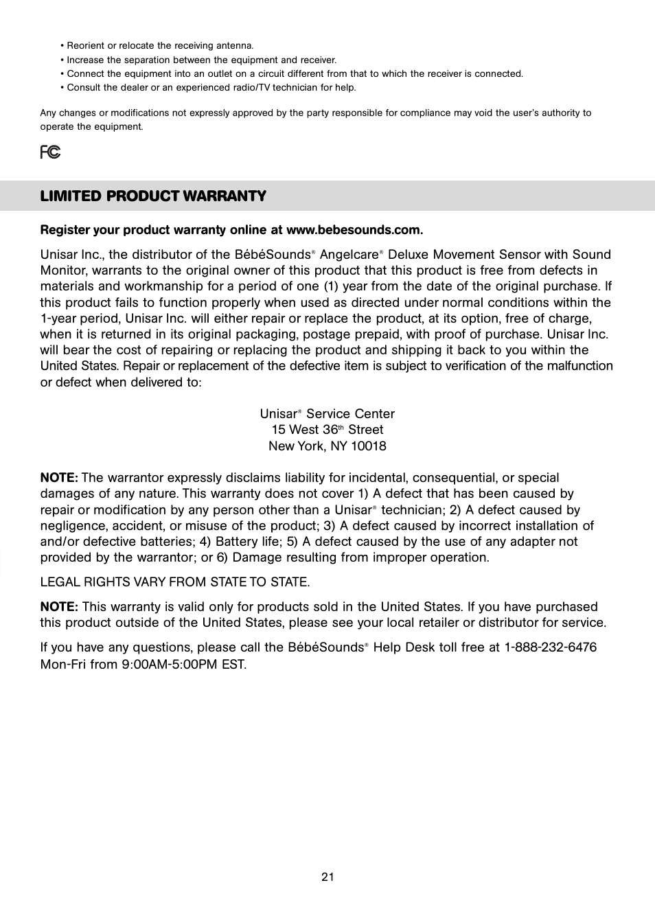 Limited product warranty | Unisar AC401-2P User Manual | Page 21 / 48