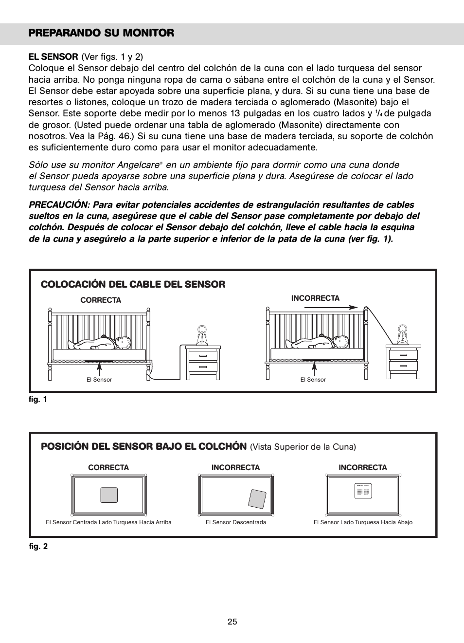 Preparando su monitor, Colocación del cable del sensor, Posición del sensor bajo el colchón | Unisar AC401-2P User Manual | Page 25 / 48