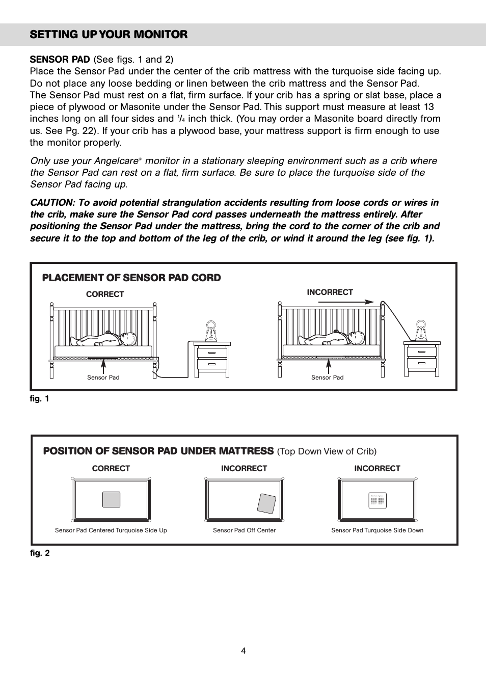 Setting up your monitor, Placement of sensor pad cord, Position of sensor pad under mattress | Unisar AC401-2P User Manual | Page 4 / 48