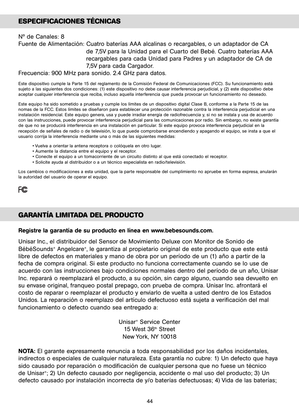 Especificaciones técnicas, Garantía limitada del producto | Unisar AC401-2P User Manual | Page 44 / 48