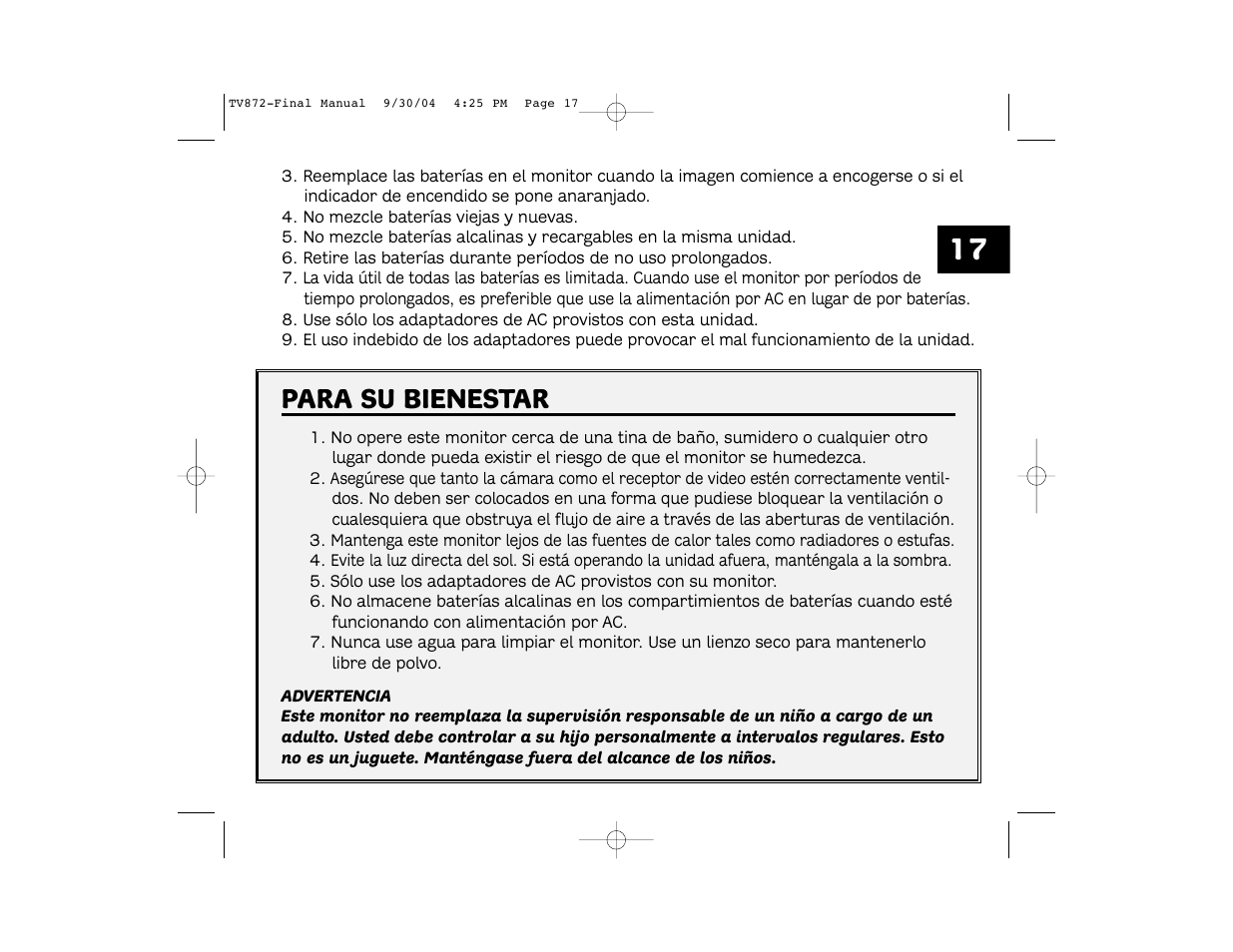 Para su bienestar | Unisar TV872 User Manual | Page 17 / 24