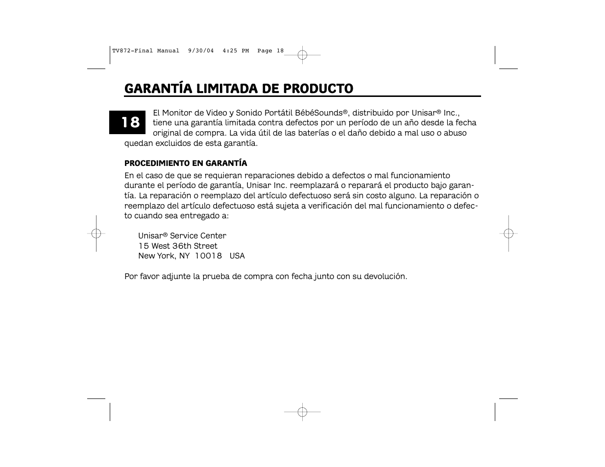 Garantía limitada de producto | Unisar TV872 User Manual | Page 18 / 24