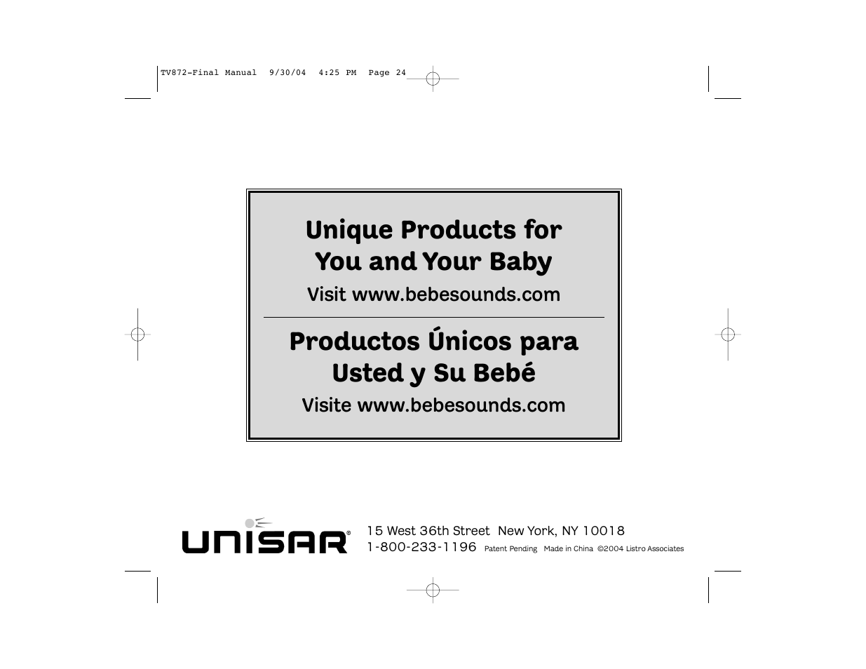 Unique products for you and your baby, Productos únicos para usted y su bebé | Unisar TV872 User Manual | Page 24 / 24