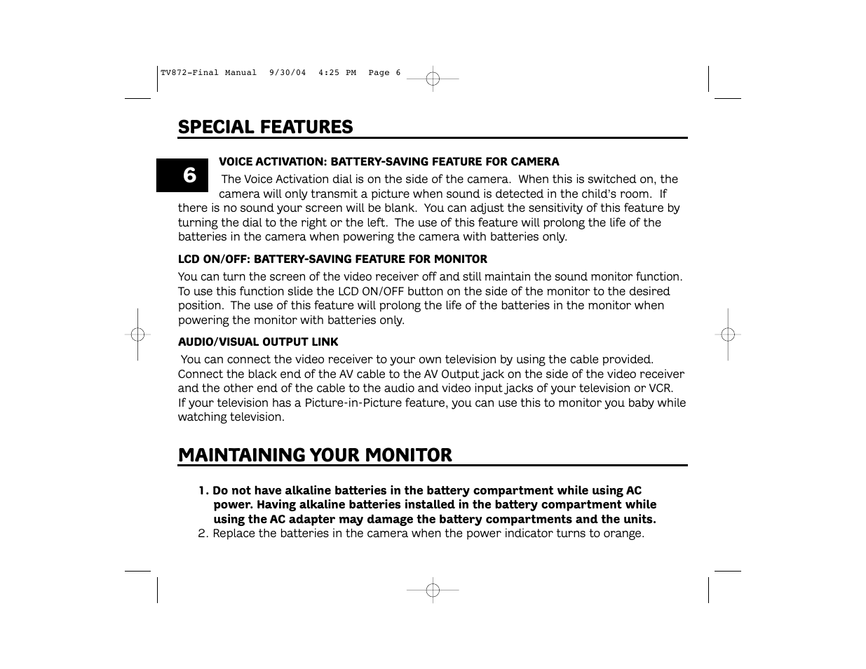 Special features, Maintaining your monitor | Unisar TV872 User Manual | Page 6 / 24