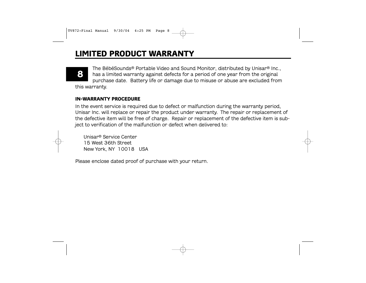 Limited product warranty | Unisar TV872 User Manual | Page 8 / 24