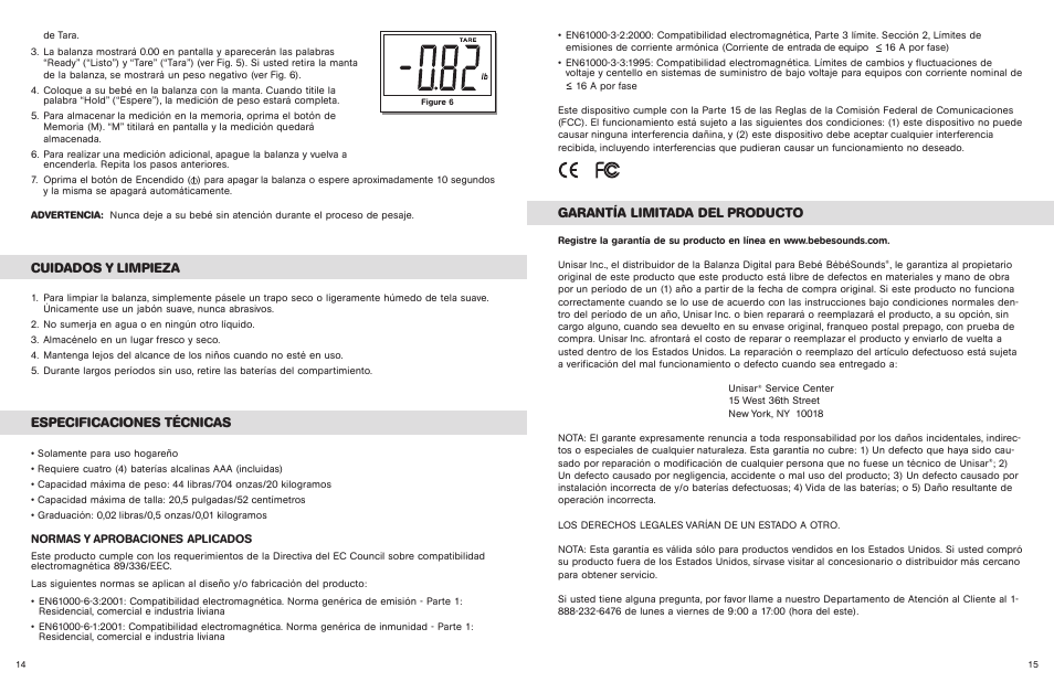 Garantía limitada del producto, Cuidados y limpieza, Especificaciones técnicas | Unisar BR149 User Manual | Page 8 / 11