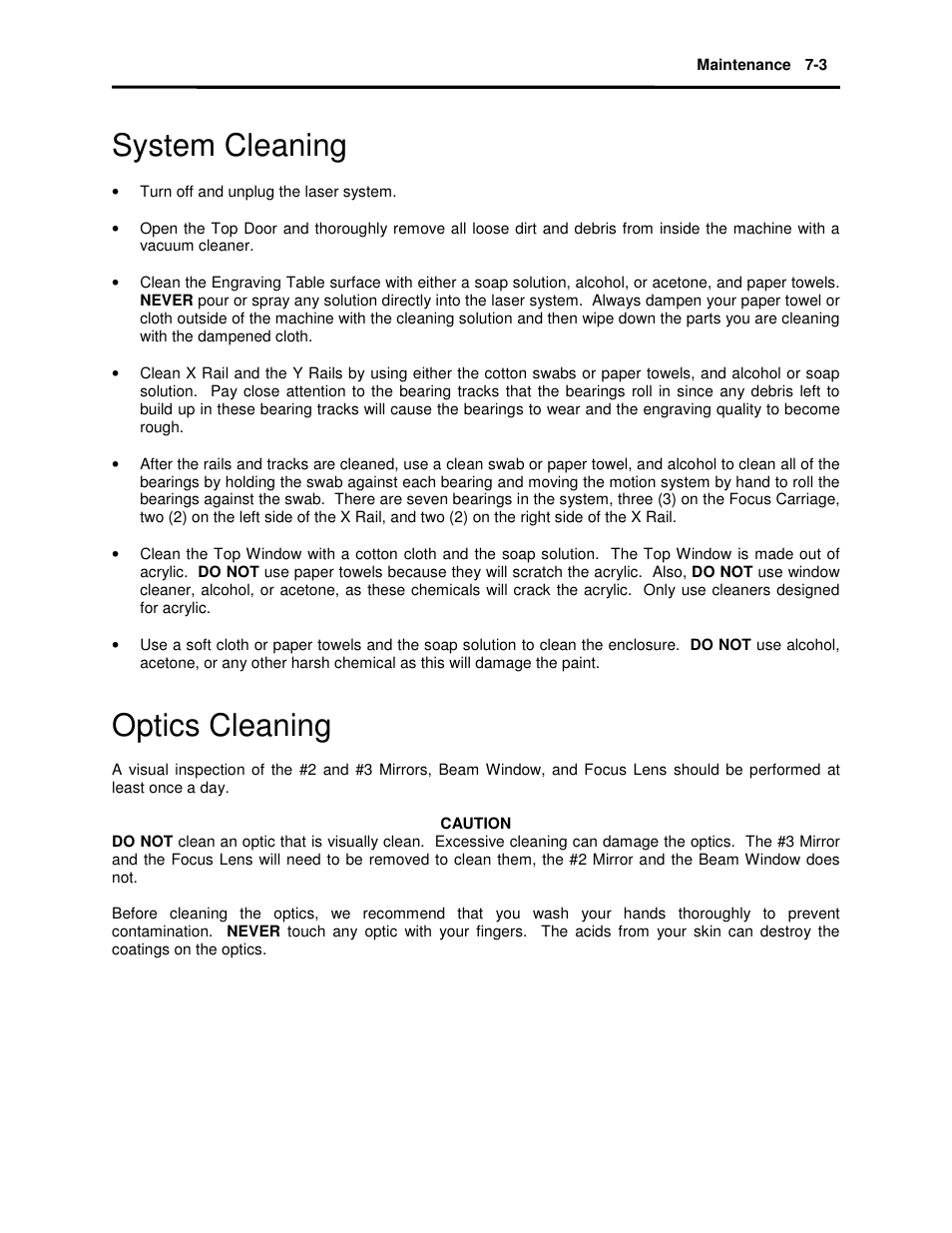 System cleaning, Optics cleaning | Universal Laser Systems X2-600 User Manual | Page 105 / 121