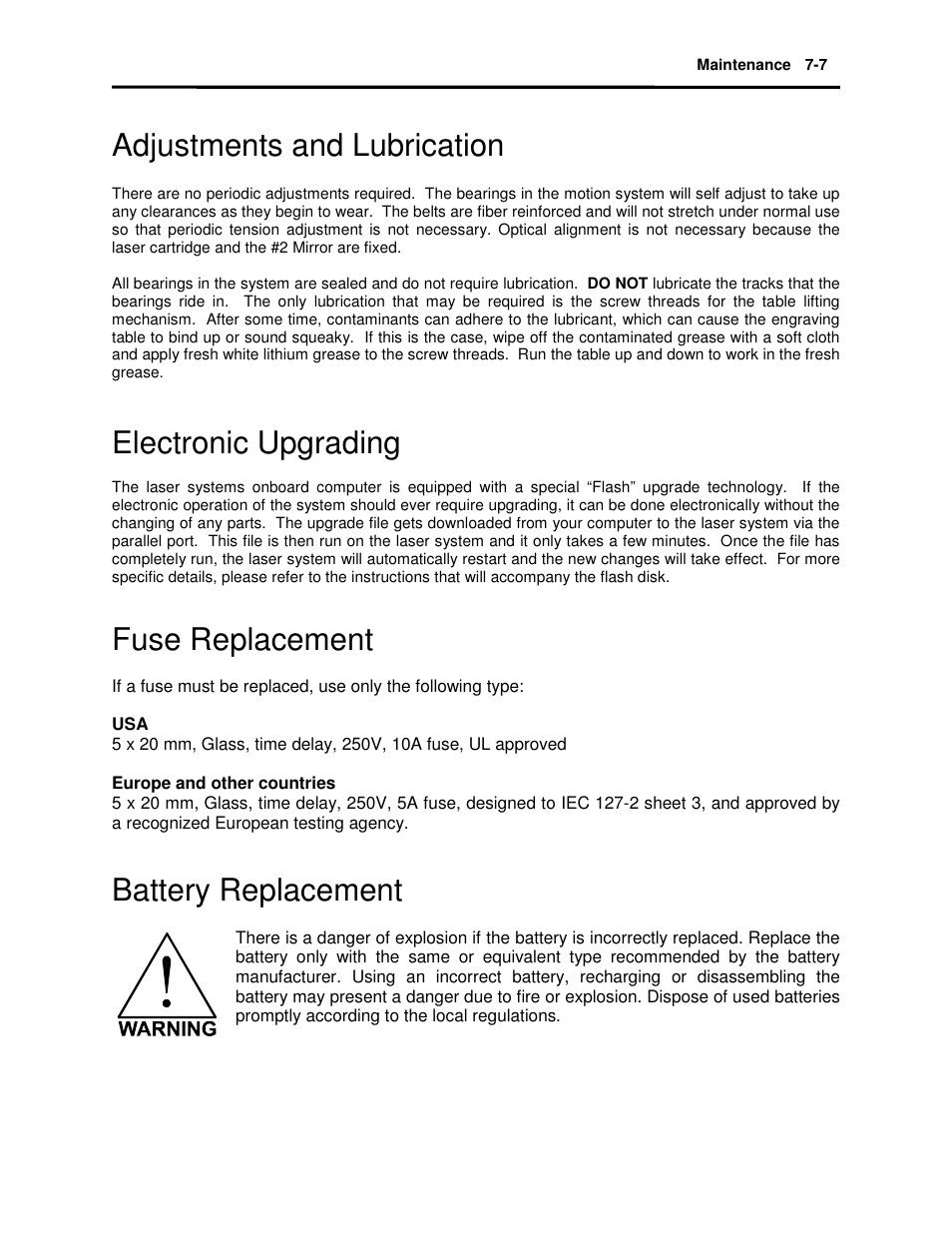 Adjustments and lubrication, Electronic upgrading, Fuse replacement | Battery replacement | Universal Laser Systems X2-600 User Manual | Page 109 / 121