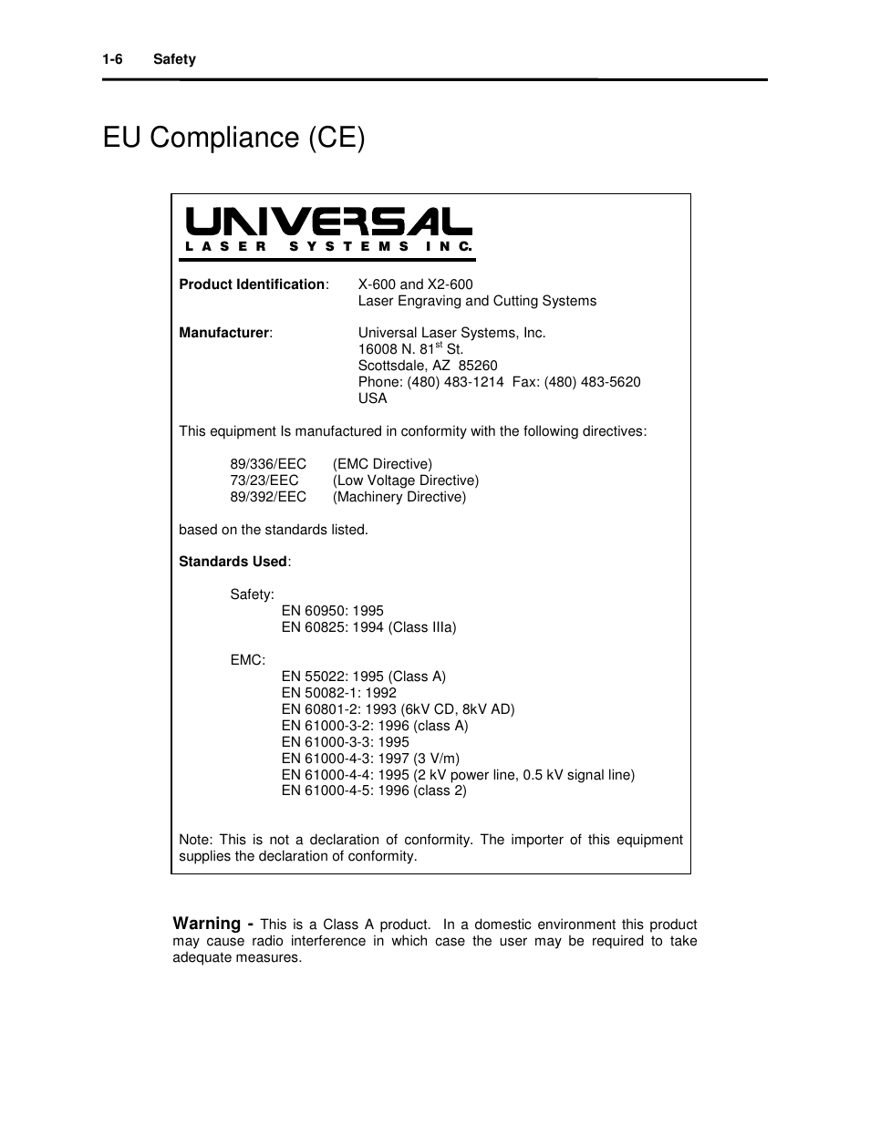 Eu compliance (ce) | Universal Laser Systems X2-600 User Manual | Page 12 / 121