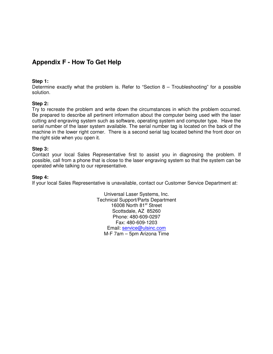 Appendix f - how to get help | Universal Laser Systems X2-600 User Manual | Page 121 / 121