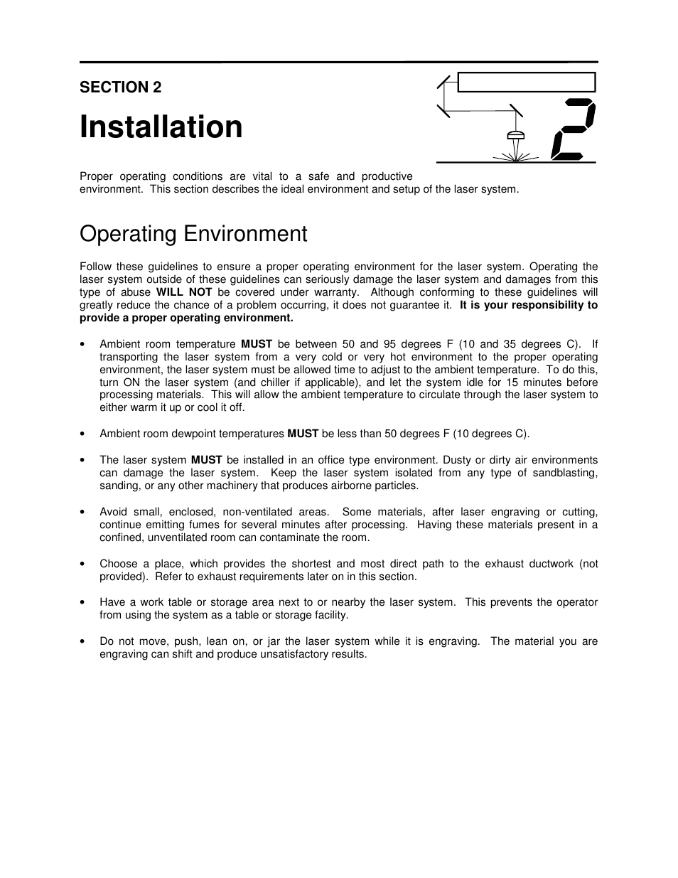 Installation, Operating environment | Universal Laser Systems X2-600 User Manual | Page 14 / 121