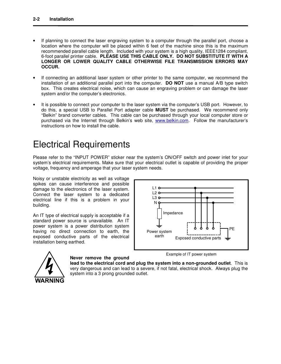 Electrical requirements | Universal Laser Systems X2-600 User Manual | Page 15 / 121