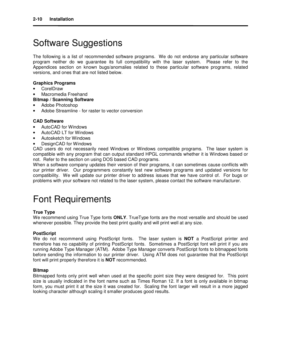 Software suggestions, Font requirements | Universal Laser Systems X2-600 User Manual | Page 23 / 121