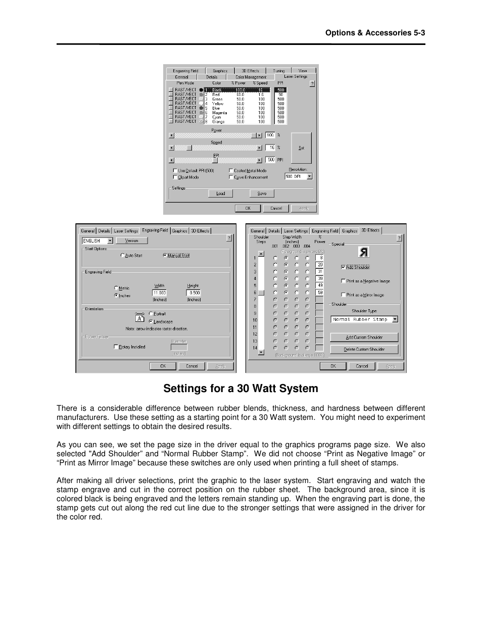 Settings for a 30 watt system | Universal Laser Systems X2-600 User Manual | Page 58 / 121
