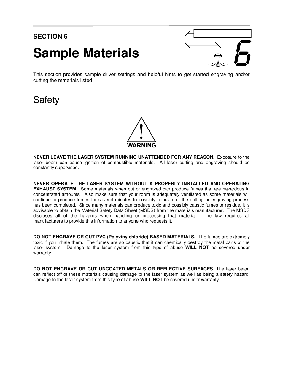 Sample materials, Safety | Universal Laser Systems X2-600 User Manual | Page 65 / 121