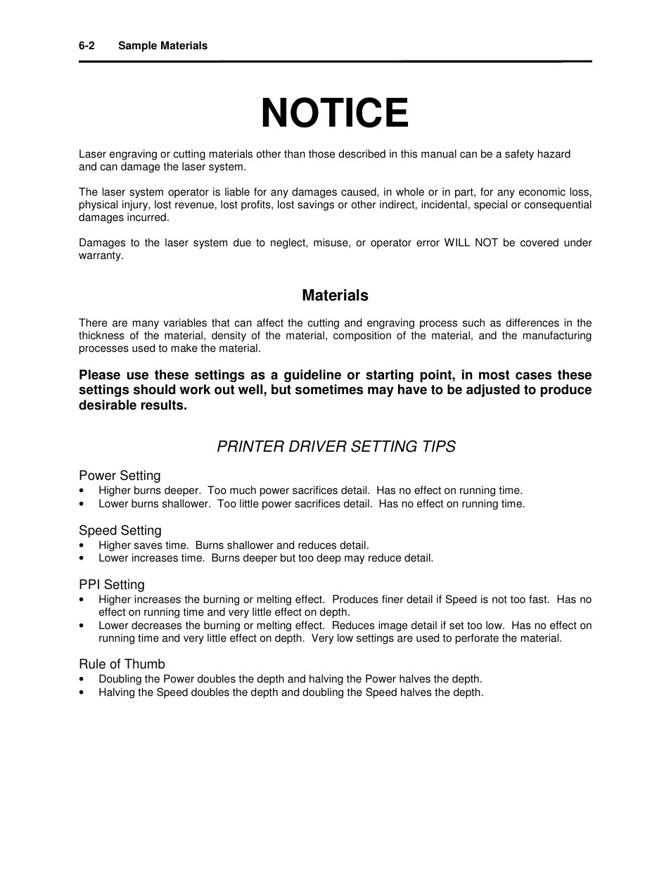 Notice, Materials, Printer driver setting tips | Universal Laser Systems X2-600 User Manual | Page 66 / 121