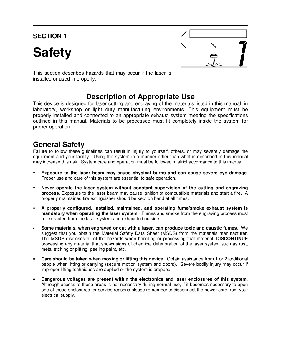 Safety, Description of appropriate use, General safety | Universal Laser Systems X2-600 User Manual | Page 7 / 121